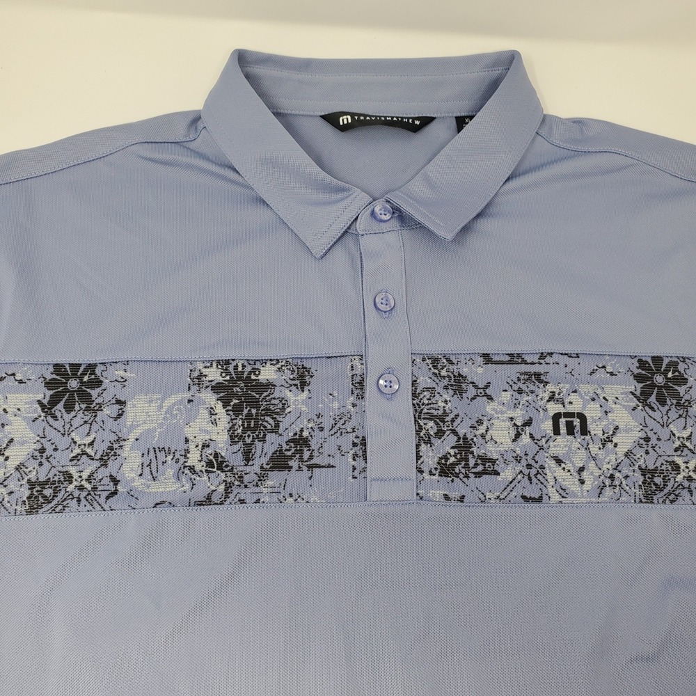 TravisMathew Polo Mens XL Floral Chest Stripe Lavender Short Sleeve Stretch